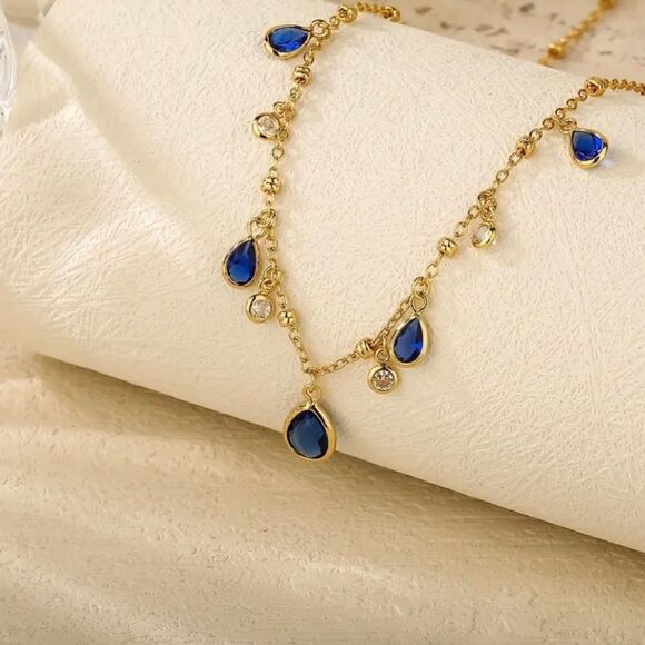 Elegant 18K Gold Plated Blue Teardrops Pendant Necklace - Picture 2 of 7